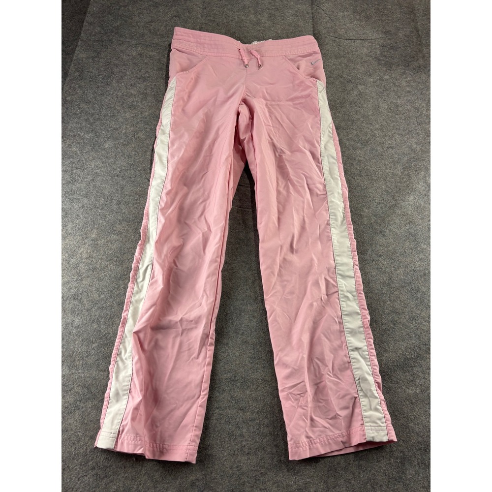 Nike Women S Track Pants Pink White Stripe Drawstring Straight Leg 2000s Y2K SEE